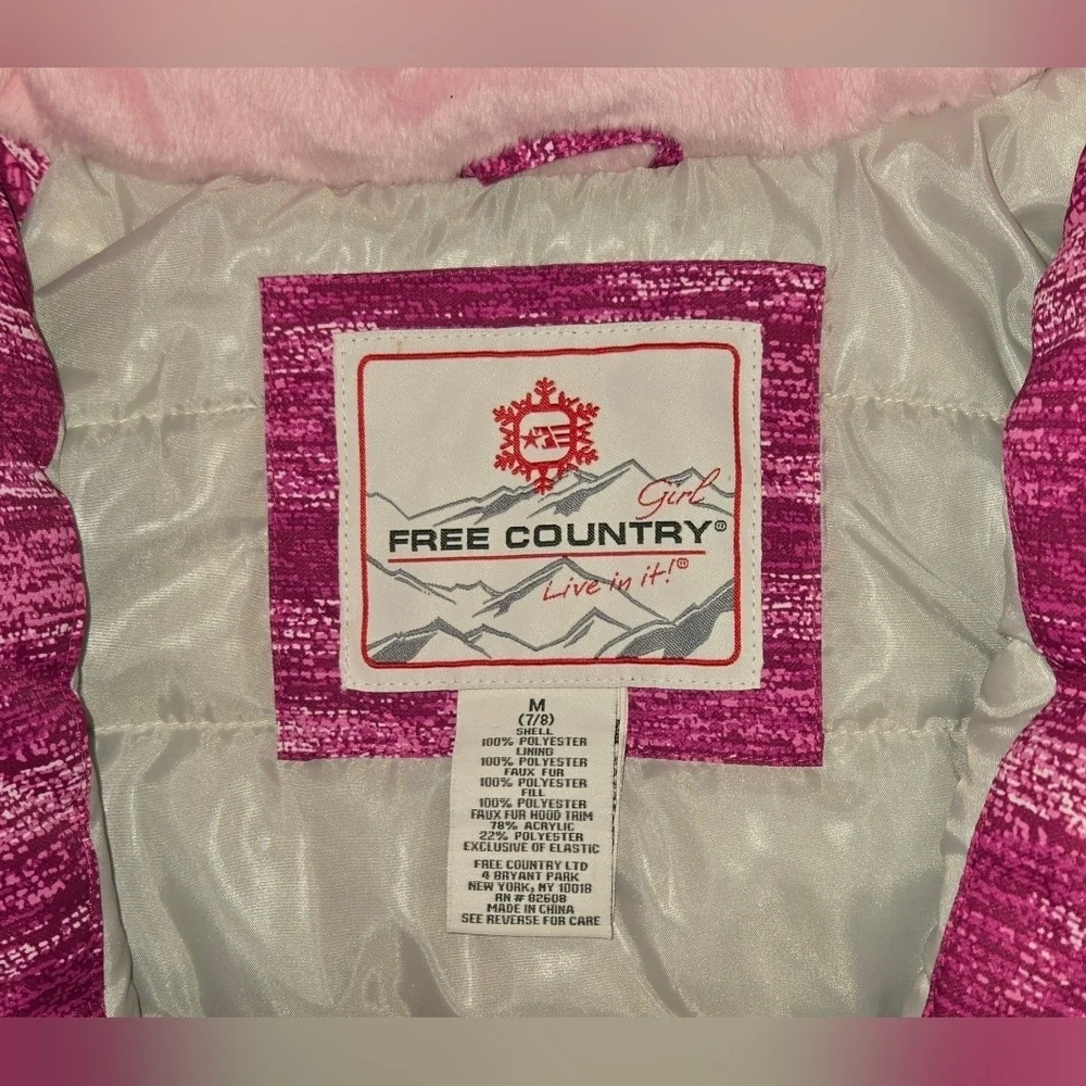 NWT Girls Free Country Pink Winter Jacket Size M 7/8